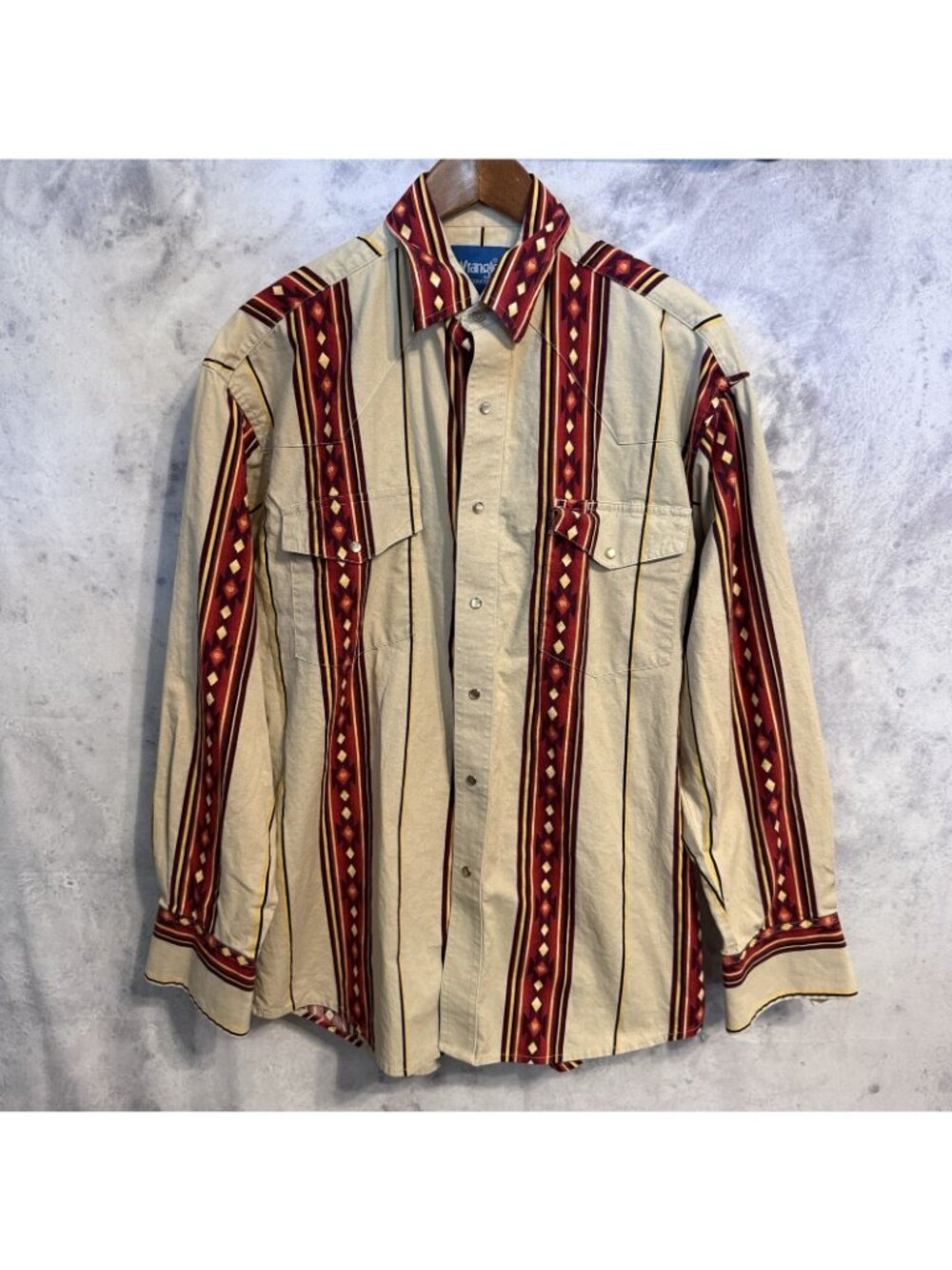 Vintage Wrangler Pearl Snap Aztec Western Shirt Mens Large Long Sleeve Beige Red - Picture 2 of 13